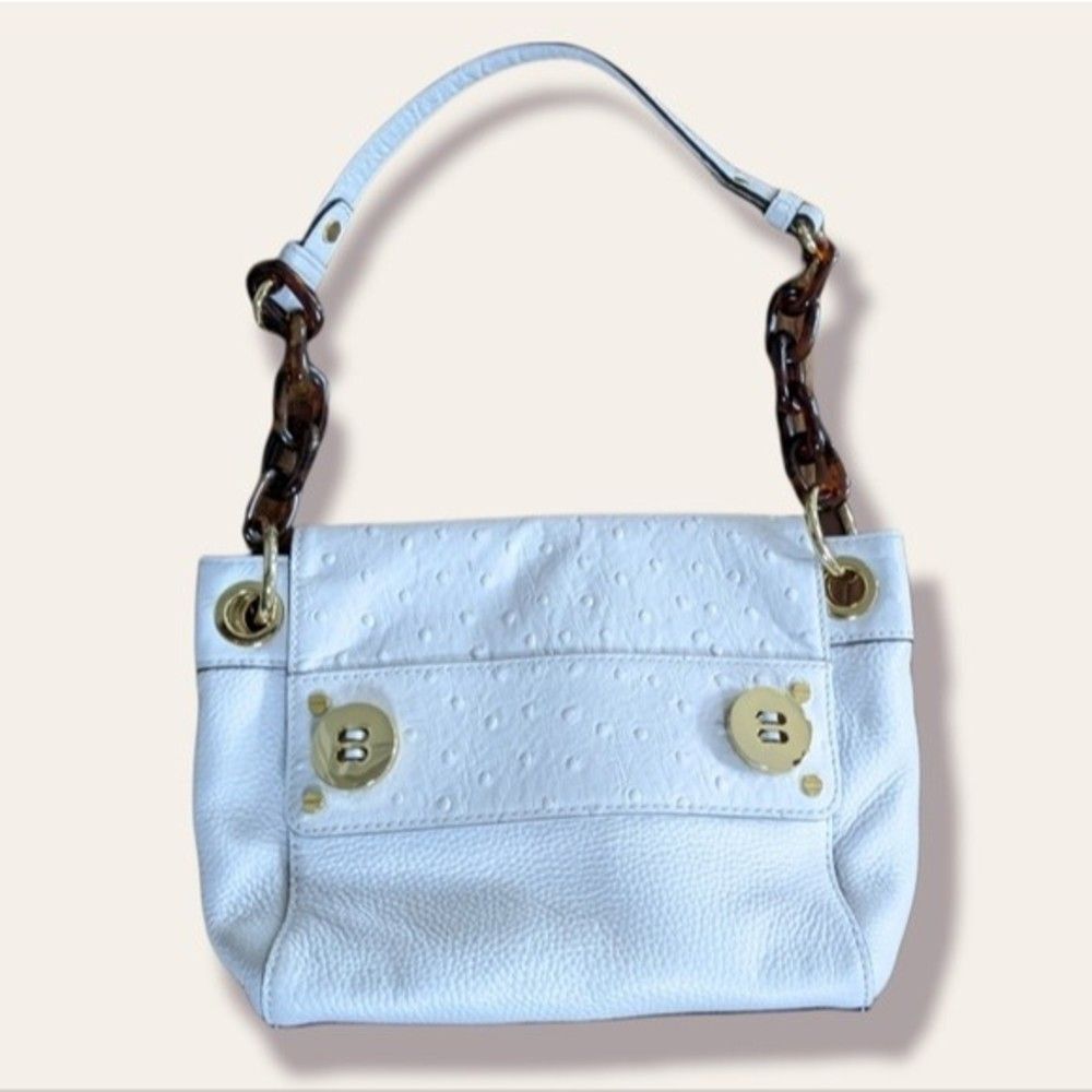 Milly white ostrich shoulder bag with tortoise shell link handle